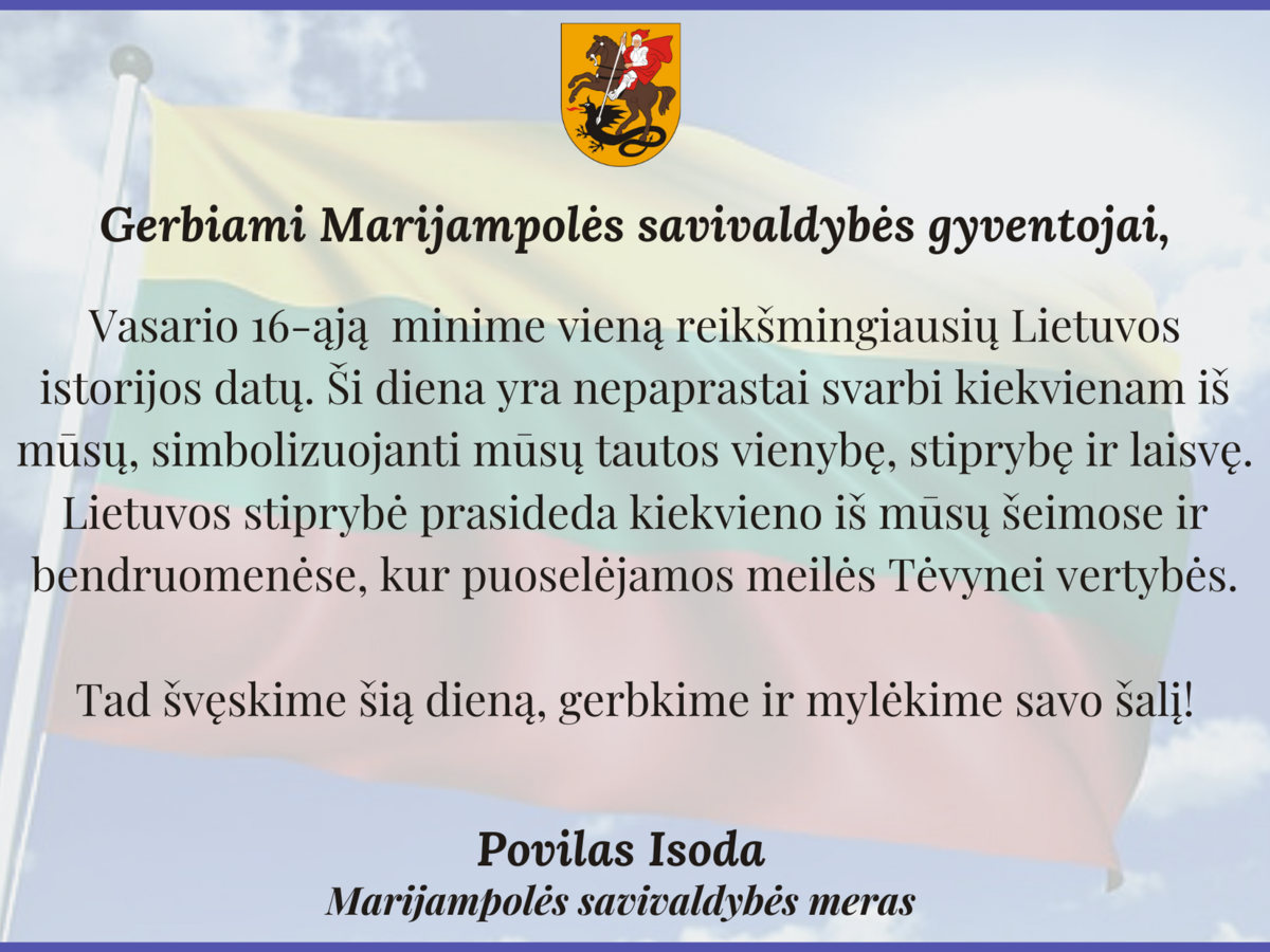 Savivaldybės mero sveikinimas Lietuvos valstybės atkūrimo dienos proga