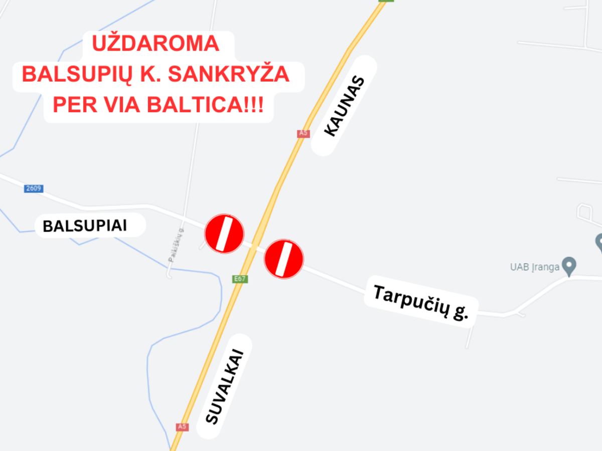 Uždaroma sankryža tarp Balsupių k. ir Marijampolės m.