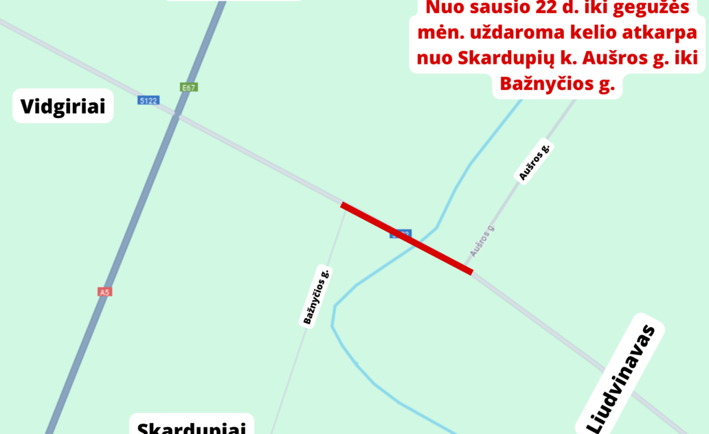 Nuo sausio 22 d. iki gegužės mėn. uždaroma atkarpa nuo Skardupių k. Aušros g. iki Bažnyčios g.