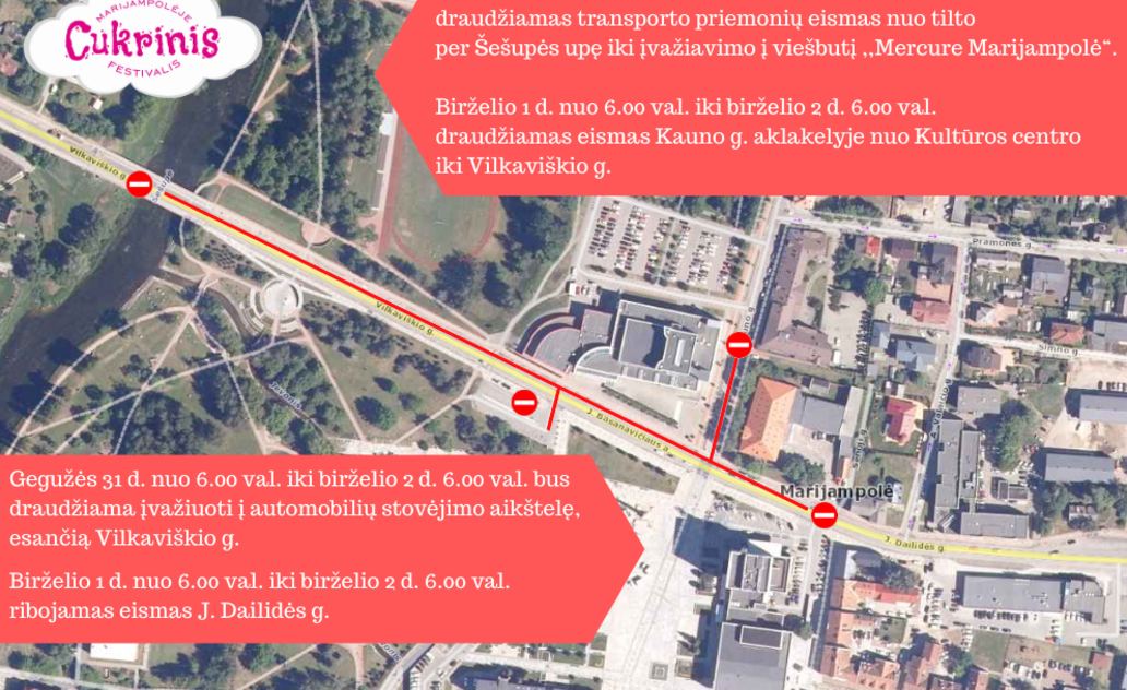 Vairuotojų ir eismo dalyvių dėmesiui dėl eismo apribojimų Marijampolės miesto šventės „Cukrinis...