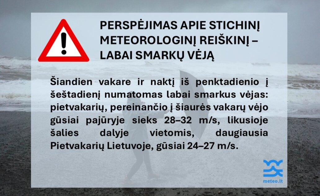 Perspėjimas apie stichinį meteorologinį reiškinį – labai smarkų vėją sausio 3 – 4 d. 