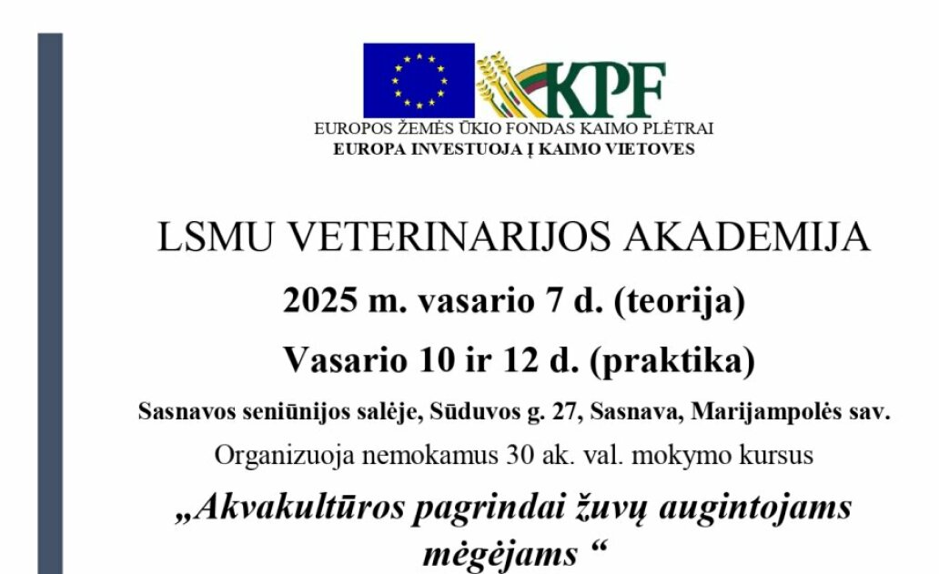 Kviečiame dalyvauti nemokamuose mokymuose „Akvakultūros pagrindai žuvų augintojams mėgėjams“