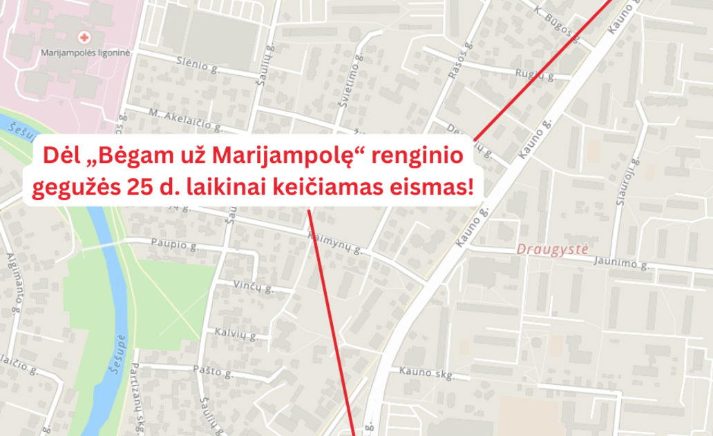„Bėgam už Marijampolę“ renginio metu bus laikinai ribojamas eismas