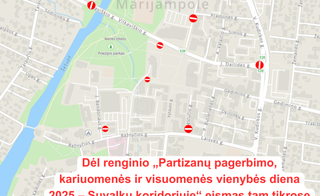 Eismo ribojimai Marijampolėje dėl „Partizanų pagerbimo, kariuomenės ir visuomenės vienybės diena...